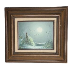 Vintage Philip Sandee Oil Painting Framed Seascape Seagulls Ocean Moon‎ Signed